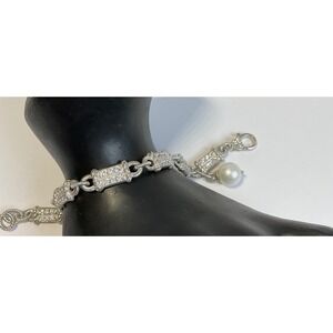 Judith Ripka Sterling Silver 925 CZ Pave Link Bracelet with Pearl Charm 7.5"